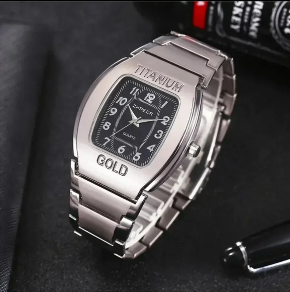 Men's Barrel-shaped Square Bezel Business Casual Quartz Watch + 1 Alloy Bracelet - Picture 2 of 4